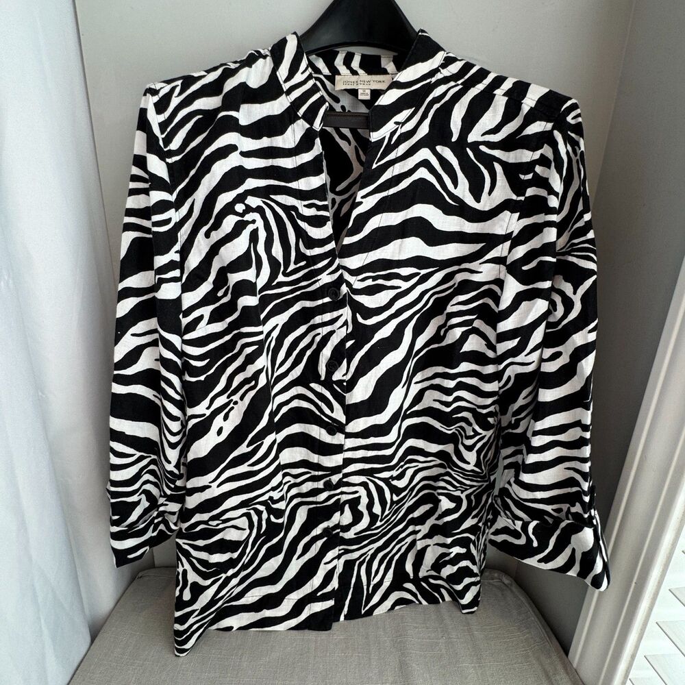 Jones New York Sport Women’s 1X Zebra Print 100% Linen Tunic Blouse 3/4 Sleeve